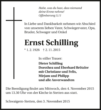 Traueranzeige von Ernst Schilling 