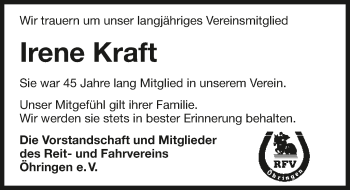 Traueranzeige von Irene Kraft 