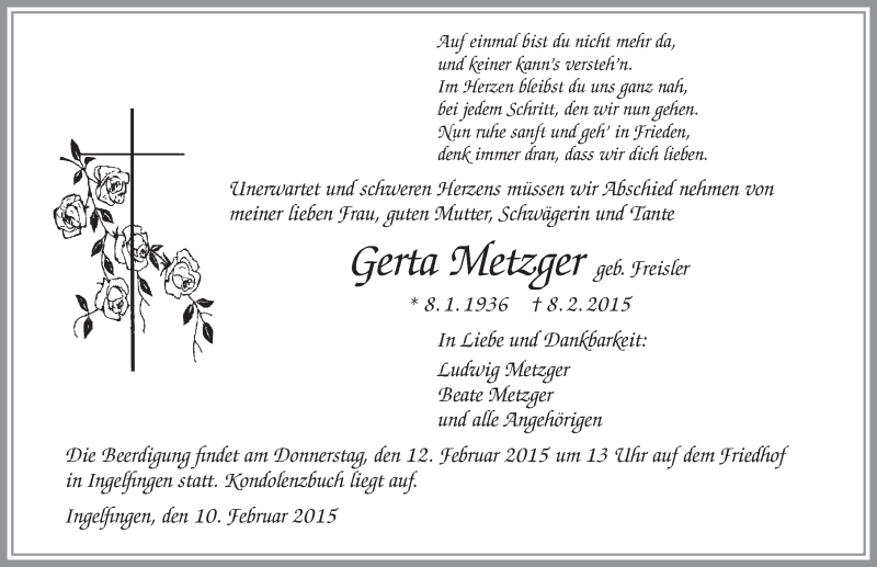 Traueranzeige für Gerta Metzger vom 10.02.2015 aus 
