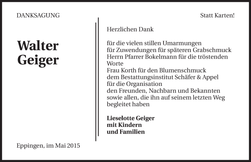  Traueranzeige für Walter Geiger vom 23.05.2015 aus 