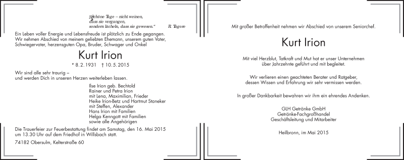  Traueranzeige für Kurt Irion vom 13.05.2015 aus 