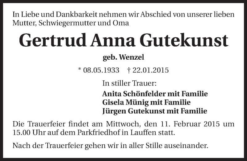  Traueranzeige für Gertrud Anna Gutekunst vom 07.02.2015 aus 