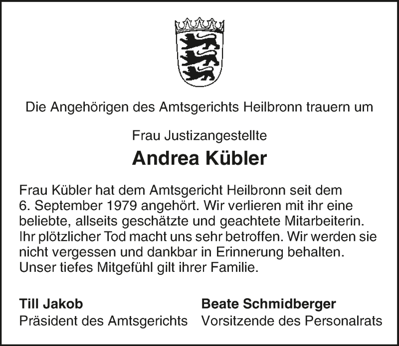  Traueranzeige für Andrea Kübler vom 19.04.2016 aus 