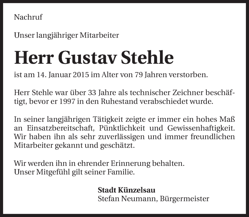 Traueranzeige für Gustav Stehle vom 22.01.2015 aus 
