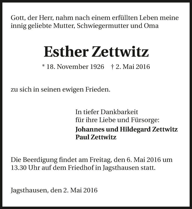  Traueranzeige für Esther Zettwitz vom 04.05.2016 aus 