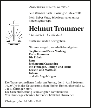 Traueranzeige von Helmut Trommer 