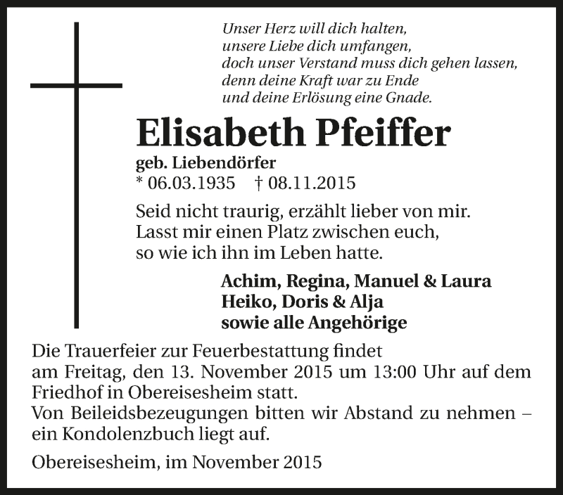  Traueranzeige für Elisabeth Pfeiffer vom 11.11.2015 aus 