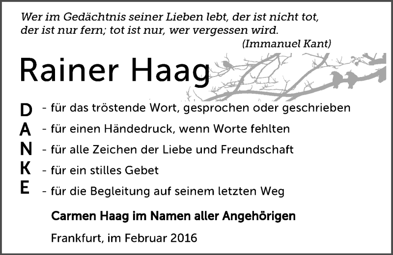  Traueranzeige für Rainer Haag vom 13.02.2016 aus 