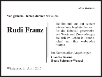 Traueranzeige von Rudi Franz 