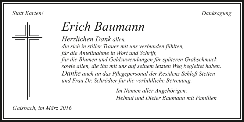  Traueranzeige für Erich Baumann vom 30.03.2016 aus 