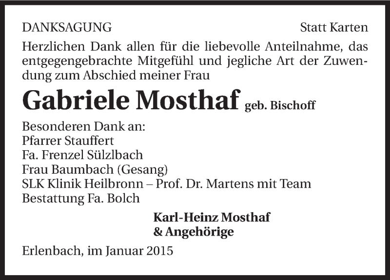  Traueranzeige für Gabriele Mosthaf vom 05.01.2015 aus 