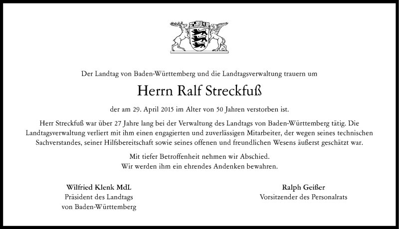  Traueranzeige für Ralf Streckfuß vom 06.05.2015 aus 