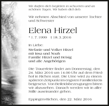 Traueranzeige von Elena Hirzel 