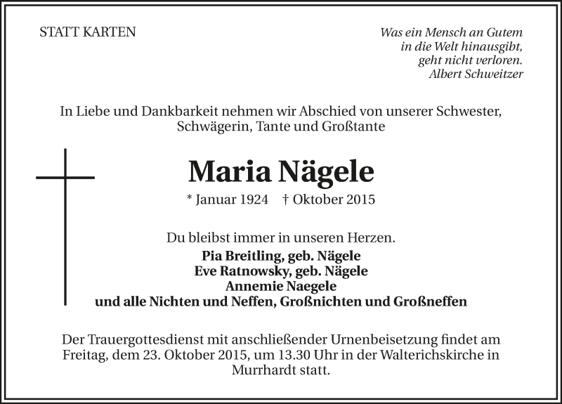  Traueranzeige für Maria Nägele vom 10.10.2015 aus 