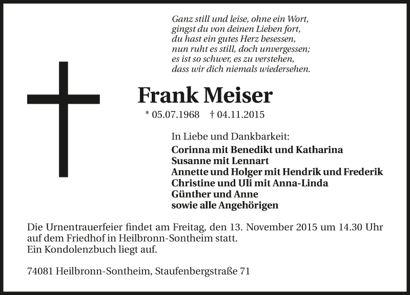  Traueranzeige für Frank Meiser vom 07.11.2015 aus 