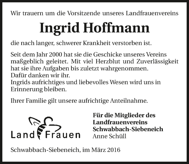  Traueranzeige für Ingrid Hoffmann vom 23.03.2016 aus 