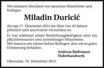 Traueranzeige von Miladin Duricic 