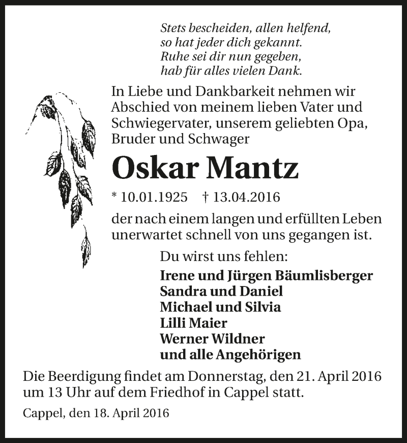  Traueranzeige für Oskar Mantz vom 18.04.2016 aus 