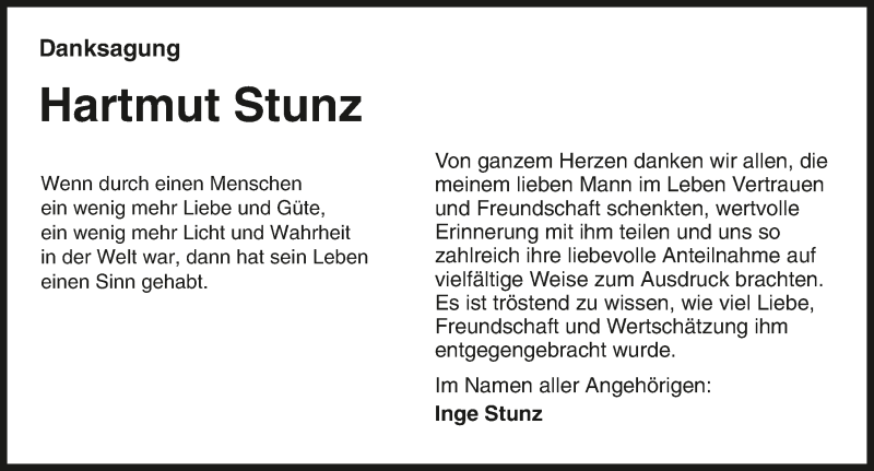  Traueranzeige für Hartmut Stunz vom 22.01.2016 aus 