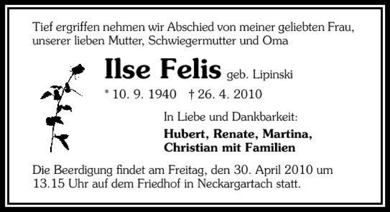  Traueranzeige für Ilse Felis vom 28.04.2010 aus 