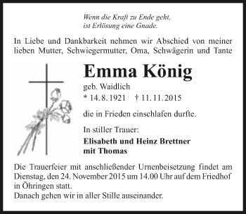 Traueranzeige von Emma König 