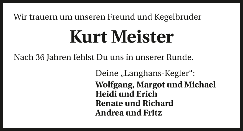  Traueranzeige für Kurt Meister vom 09.01.2016 aus 