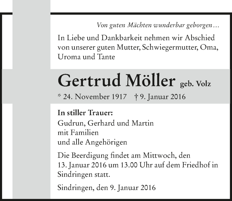  Traueranzeige für Gertrud Möller vom 11.01.2016 aus 