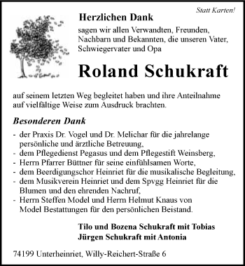 Traueranzeige von Roland Schukraft 
