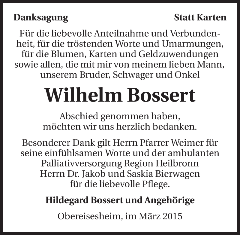  Traueranzeige für Wilhelm Bossert vom 04.03.2015 aus 