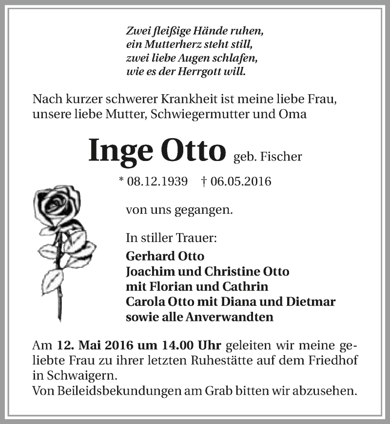  Traueranzeige für Inge Otto vom 10.05.2016 aus 