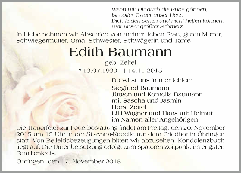  Traueranzeige für Edith Baumann vom 17.11.2015 aus 