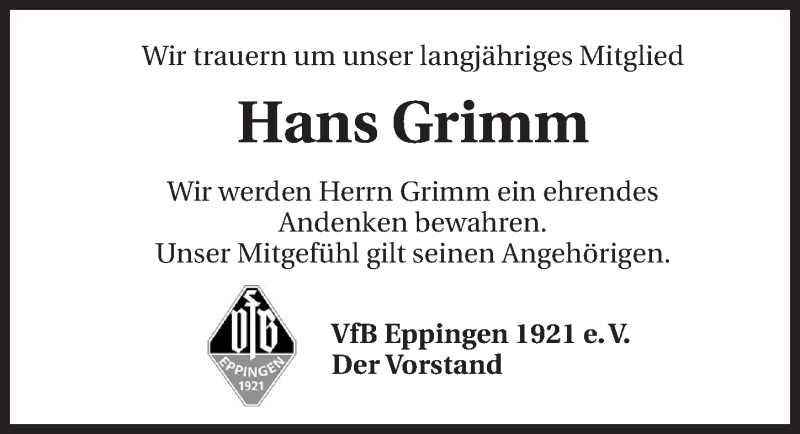  Traueranzeige für Hans Grimm vom 04.04.2015 aus 
