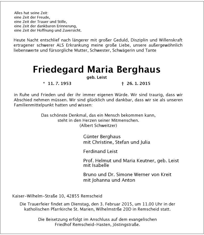  Traueranzeige für Friedegard Maria Berghaus vom 31.01.2015 aus 