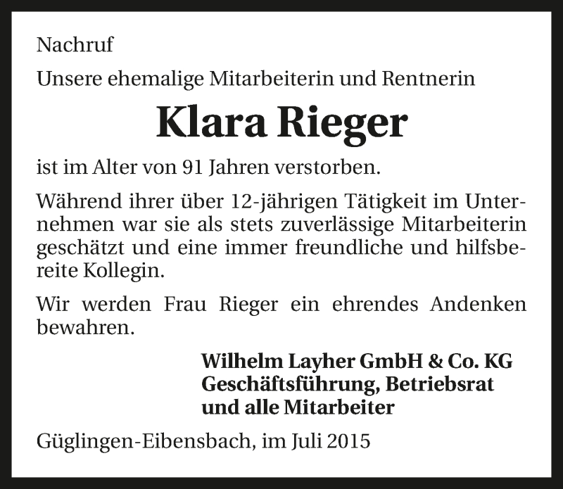  Traueranzeige für Klara Rieger vom 24.07.2015 aus 