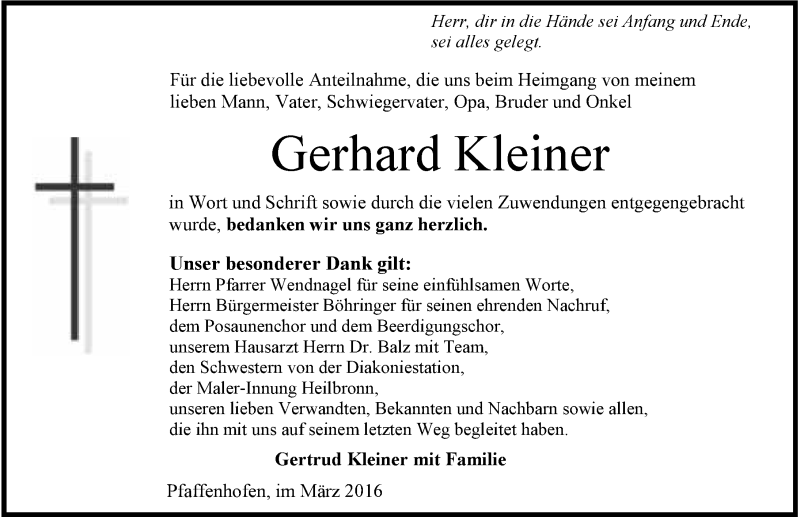  Traueranzeige für Gerhard Kleiner vom 19.03.2016 aus 