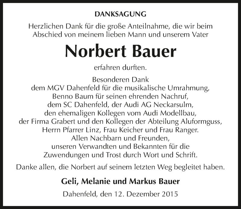  Traueranzeige für Norbert Bauer vom 12.12.2015 aus 
