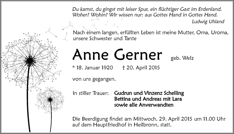  Traueranzeige für Anne Gerner vom 27.04.2015 aus 