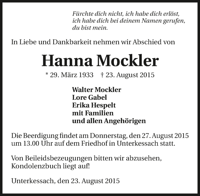  Traueranzeige für Hanna Mockler vom 25.08.2015 aus 