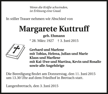 Traueranzeige von Margarete Kuttruff 