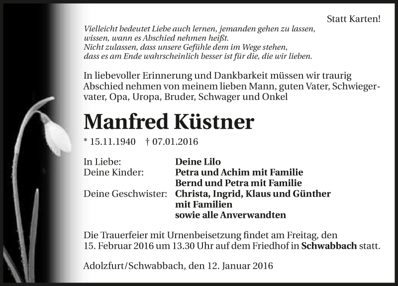  Traueranzeige für Manfred Küstner vom 12.01.2016 aus 