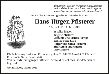 Traueranzeige von Hans-Jürgen Pfisterer 