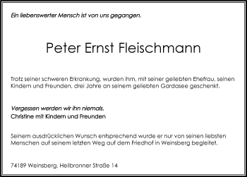 Traueranzeige von Peter Ernst Fleischmann 