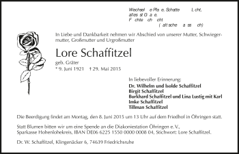 Traueranzeige von Lore Schaffitzel 