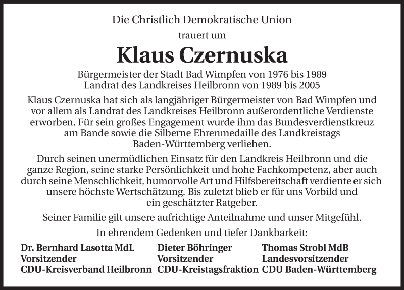  Traueranzeige für Klaus Czernuska vom 06.02.2015 aus 