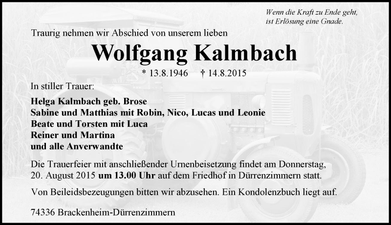  Traueranzeige für Wolfgang Kalmbach vom 17.08.2015 aus 
