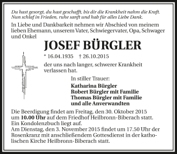 Traueranzeige von Josef Bürgler 