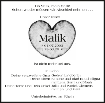 Traueranzeige von Malik Boucheligua 