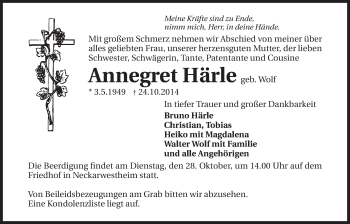 Traueranzeige von Annegret Härle 