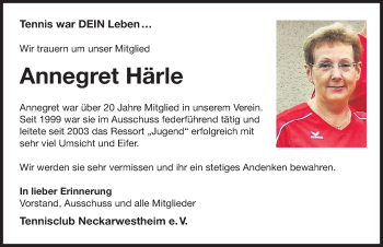 Traueranzeige von Annegret Härle 