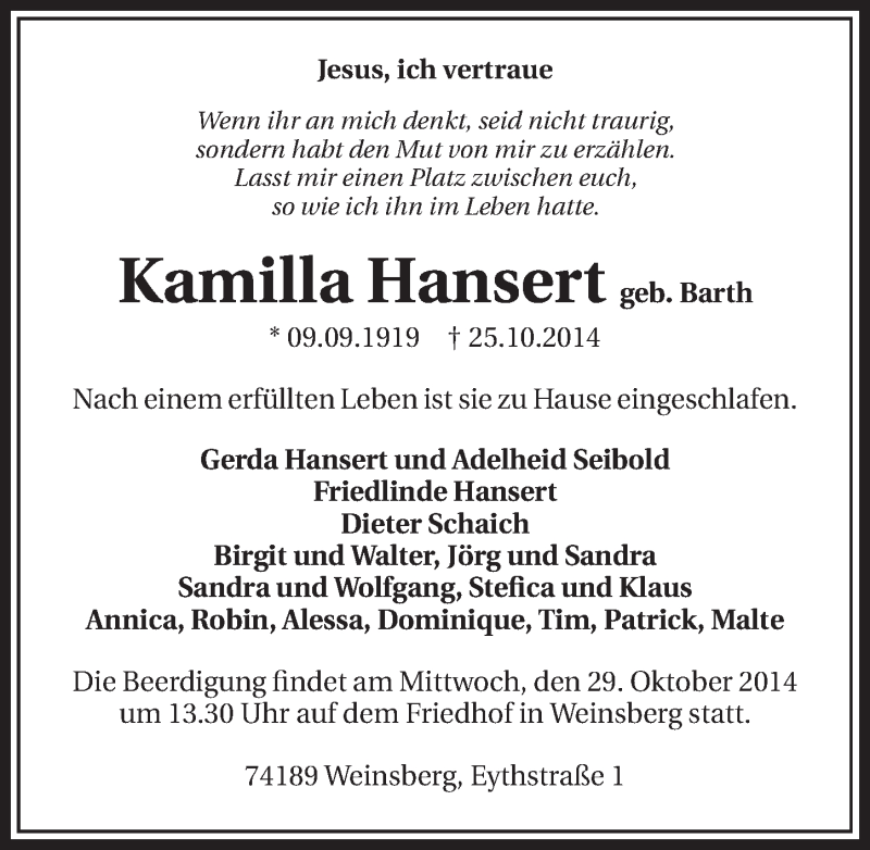  Traueranzeige für Kamilla Hansert vom 27.10.2014 aus 
